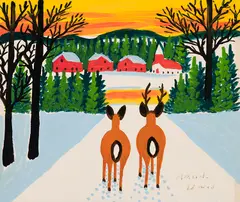 Two Deer by Maud Lewis, oil on board, sold Jan 2020