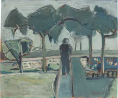 Landschaft mit Rückenfigur by Hermann Bachmann, 1950, Öl auf Hartfaser, sold Jan 2026