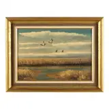 Mallards in Flight by M. Charles, Oil on canvas, sold Jun 2023