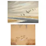 Redheads in Flight and Mallards in Flight (two works) by Joseph Day Knap, Watercolor and whitening on paper, sold Jun 2023