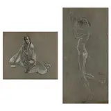 Female Nudes (two sketches) by Arthur Bowen Davies, Chalk and charcoal on grey paper, sold May 2023