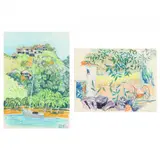 Two Sunny Landscapes by Alan Caiger-Smith, Crayon on paper, sold May 2023