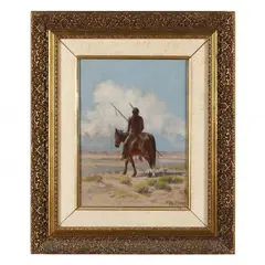 Indian on Horseback by Charles Craig, Oil on canvas (lined), sold May 2023