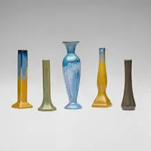 Bud vases, set of five by Fulper Pottery, c. 1909-17, glazed stoneware, sold Feb 2026