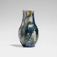 Rare experimental vase with flowers by Hugh C. Robertson, 1885-89, crackle-glazed stoneware, sold Feb 2026