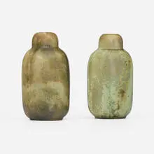 Vases, set of two by Fulper Pottery, c. 1909-17, Cucumber Crystalline-glazed stoneware, sold Feb 2026