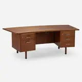Desk by Hardwood House Inc., c. 1955, walnut, aluminum, enameled aluminum, sold Aug 2022