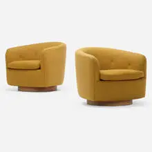 Barrel lounge chairs, pair by Milo Baughman, c. 1960 / 1968, upholstery, walnut, sold Aug 2022