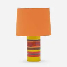 Table lamp by Bruno Gambone, c. 1950, glazed stoneware, cotton, sold Aug 2022