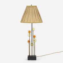 Table lamp by Svend Aage Holm-Sørensen, c. 1965, brass, glass, enameled steel, lacquered wood, sold Aug 2022