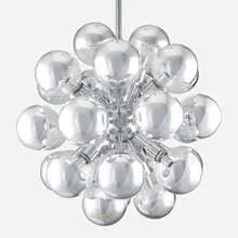 Chandelier by Lightolier, c. 1970, chrome-plated steel, chrome-plated brass, glass, sold Aug 2022