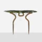 Console by Danny Lane, 1992, enameled steel, Borosilicate glass, sold Aug 2022