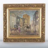 Paris Street Scene by Gilt Frame, An atmospheric oil painting on canvas depicting a bustling l, sold Mar 2025