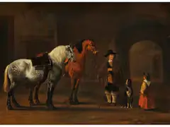 Reiter mit Zwei Pferden by Barent van Kalraet, oil on canvas, sold Jun 2021
