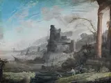 Küstenstück mit Ruinen by Antoine Pierre II le Jeune Patel, gouache, offered Dec 2015