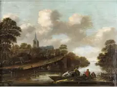 Dorf an Einem Flussufer mit Anglern by Klaes Molenaer, oil on panel, offered Sep 2024