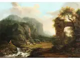 Landschaft mit Ruine und Schäfer by Bernhard Gottfried Manskirsch, oil on panel, sold Sep 2023