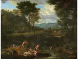 Landschaft mit Flusslauf und Badenden Nymphen by auch „Jan Glauber“ Johannes Glauber, oil on canvas, sold Mar 2023
