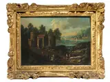 Flusslandschaft mit Toranlage und Staffagefiguren by Marc Baets, oil on panel, offered Jun 2021