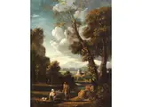 Landschaft mit Paar an Flussufer by Jan Frans van Bloemen, oil on canvas, offered Sep 2025