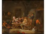Bäuerliche Gesellschaft in Einer Kate mit Kartenspielern by Egbert van Heemskerck d. J., oil on panel, sold Dec 2019