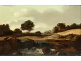 Weite Hügelige Landschaft mit Wassersturz by Jacob van Ruisdael, oil on panel, sold Jun 2023