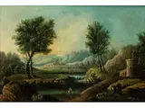 Flusslandschaft mit Staffagefiguren und Einer Stadt im Hintergrund by Johann Christoph von Bemmel, oil on copper, offered Dec 2015