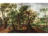 Spaziergänger in Einer Waldlandschaft by Gillis Claez de Hondecoeter, oil on panel, sold Mar 2026
