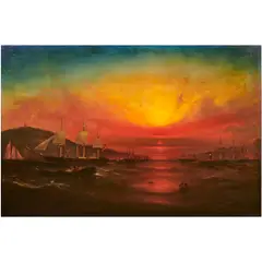 Sailing Ships in the Bay at Sunset by Gideon Jacques Denny, 1869, oil on board, sold Oct 2024