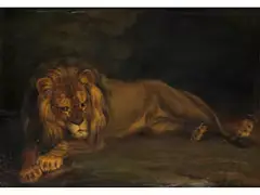 Liegender Löwe by Albrecht Adam, oil on canvas, sold Sep 2023