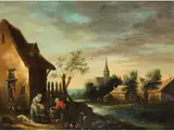 Flusslandschaft mit Gebäuden und Figuren by David Teniers d.J., oil on panel, sold Dec 2025