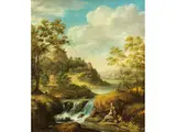 Arkadische Flusslandschaft mit Fischerpaar by Josef Stoisser, oil on canvas, sold Mar 2024