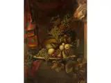Stillleben mit Ananas, Antikenrelief, Goldschmiedearbeiten und Teppich by George Lance, oil on canvas, offered Jun 2023