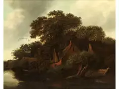 Flusslandschaft mit Fischer vor Gehöft by Cornelis Gerritsz Decker, oil on canvas, sold Jun 2022