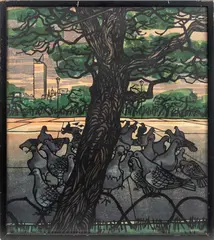 Landscape Scene with Pigeons by Clifton Karhu, Lithograph in Colors, sold Jan 2026