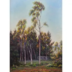 Adobe House with Eucalyptus by John Dominique, 1933, oil on canvas, sold Oct 2024