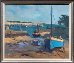 Boats on the Shore by Jean Baconnais, oil on canvas, sold Oct 2024