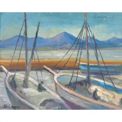 Boats in Harbor by Blanche-Augustine Camus, oil on board, sold Nov 2024