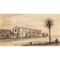 San Gabriel Mission by Henry Ford, 1883, etching, sold Nov 2024