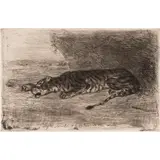 Tigre Couche a l'Entree de Son Antre," (circa 1830) by Eugène Delacroix, etching, sold Nov 2024