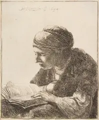 Woman Reading by Rembrandt Harmensz van Rijn, 1634, etching on laid paper with partial watermark (Arms of Regensberg, sold Nov 2024