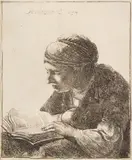 Woman Reading by Rembrandt Harmensz van Rijn, 1634, etching on laid paper with partial watermark (Arms of Regensberg, sold Nov 2024