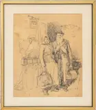 Street Scene with Couple by Samuel Cahan, Ink on Paper, sold Feb 2026