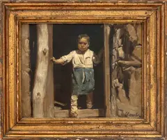 In the Cabin Door by Gilbert Gaul, Oil on Canvas, sold Feb 2026