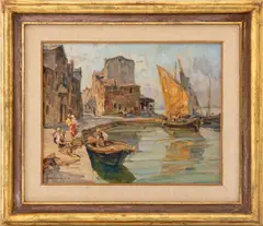 Venetian Canal Landscape Scene by Angelo Brombo, Oil on Canvas, sold Feb 2026