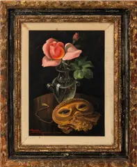 Still Life Scene with Pink Rose and Gilt Mask by Henry Le Monnier, Oil on Panel, sold Feb 2026