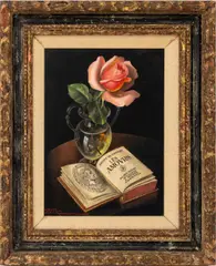 Still Life Scene with Pink Rose and "Les Amours" Book by Henry Le Monnier, Oil on Panel, sold Feb 2026
