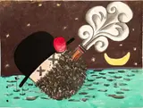 Figure Smoking a Cigar in a Bowler Hat Amongst a Night Landscape Scene by Domenick Capobianco, Mixed Media on Paper, sold Feb 2026