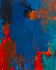 Abstract Composition in Blue and Red by Robert O'Meara, Oil on Canvas, sold Feb 2026