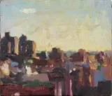 Miniature Cityscape by Robert O'Meara, circa 1975, Oil on Masonite, sold Feb 2026